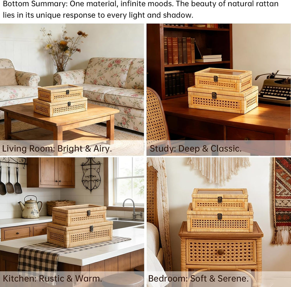 DECOR4SEASON Rattan and Cane Stacking Boxes with Glass Top Lid - Set of 2 for...