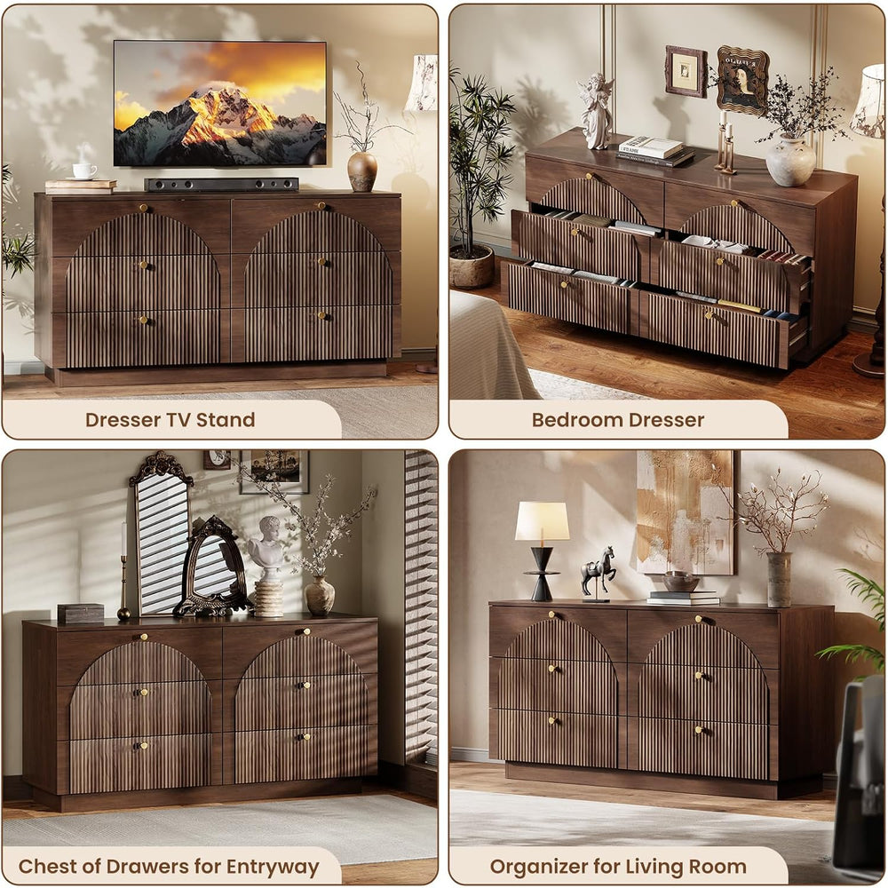 Arched Fluted Dresser for Bedroom with 6 Drawers 55.1" Wide Walnut