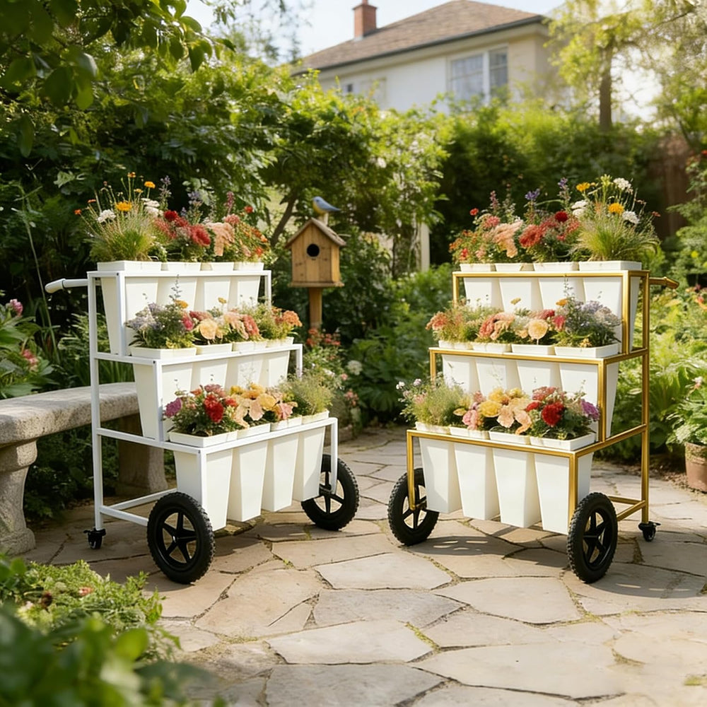 White3 Tier Metal Flower Cart Display Stand with Wheels, Mobile