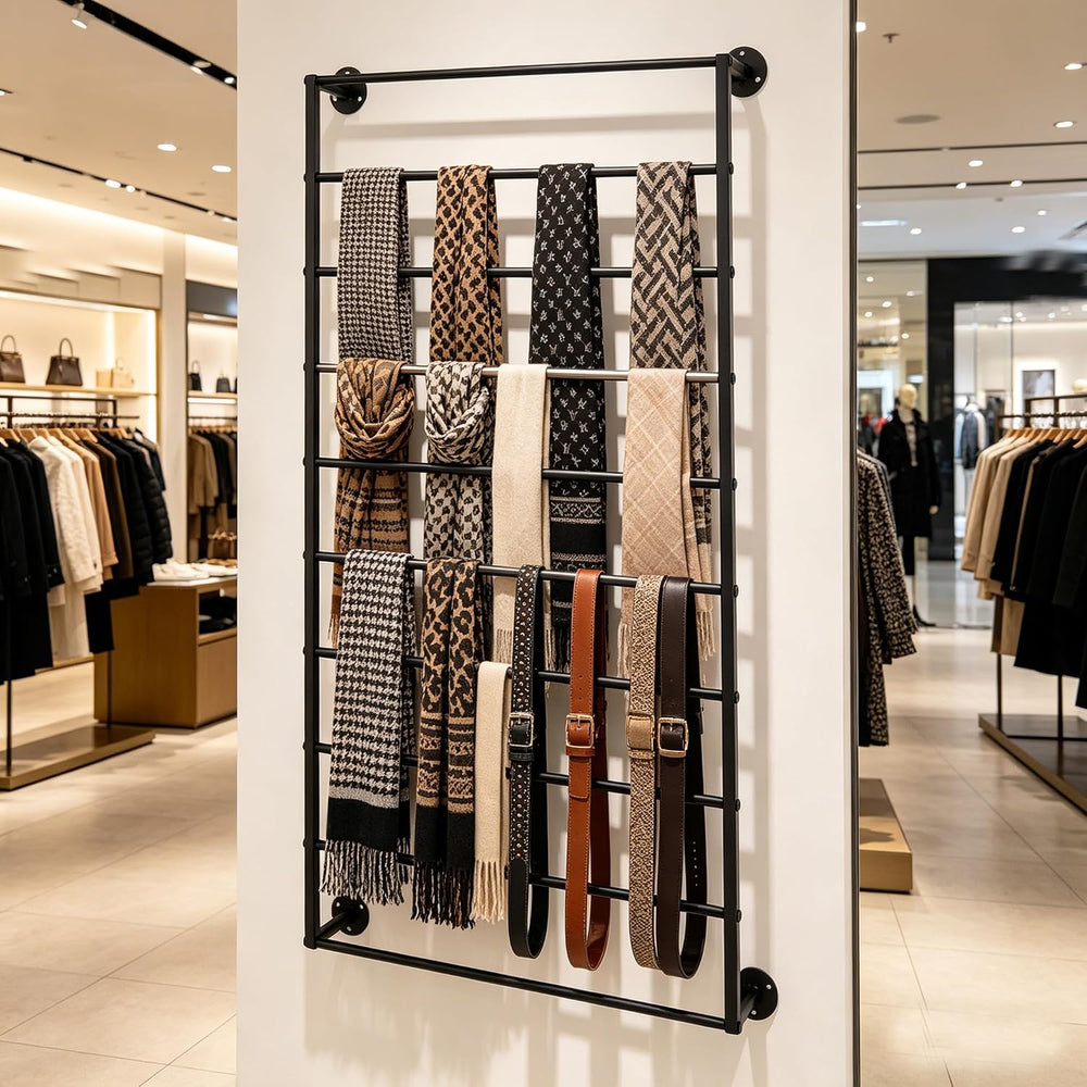 10 Tier Wall Mounted Tie Rack Scarf Display Stand Belt Pants Hangers Scarves ...