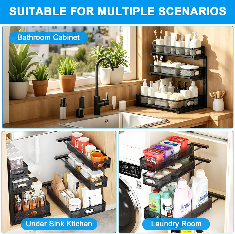 Under Sink Organizer,3-Tier Thickened Metal Pull out Cabinet OrganizerShelf