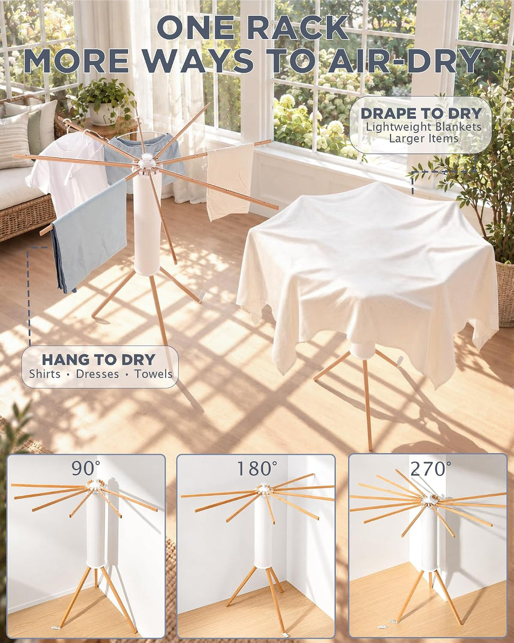 Clothes Drying Rack, Foldable Tripod Laundry Stand, 16 Wooden Arms