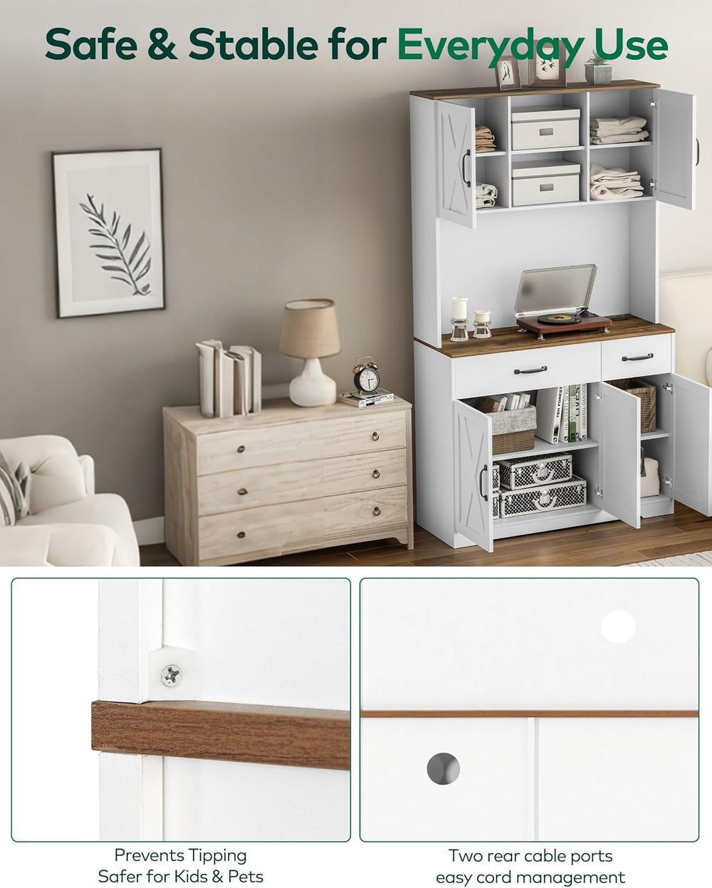 67" Tall Pantry Cabinet with Charging Station, Farmhouse Kitchen Storage...
