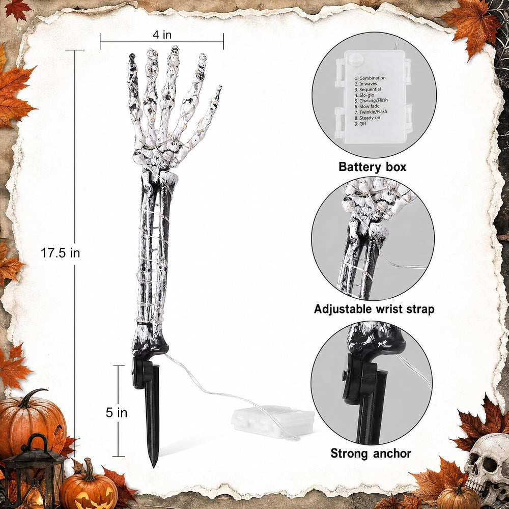 Halloween Skeleton Arm Stakes 4‑Pack, 160 White LED Battery‑Powered Lights