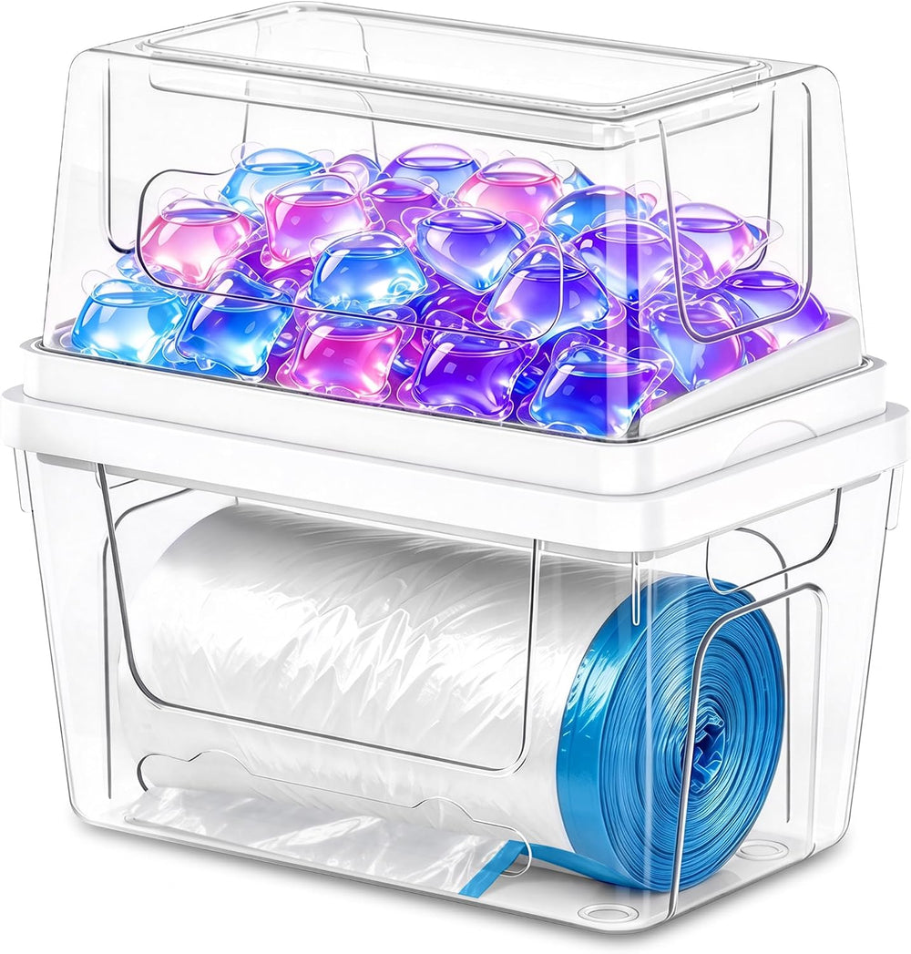 Trash Bag Dispenser with Laundry Pod Storage, Clear Under Sink Organizer