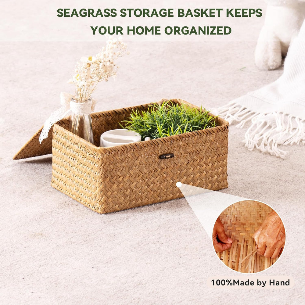 Nonam Wicker Storage Basket with Lid,Seagrass Shelf Basket Set of 3,Natural