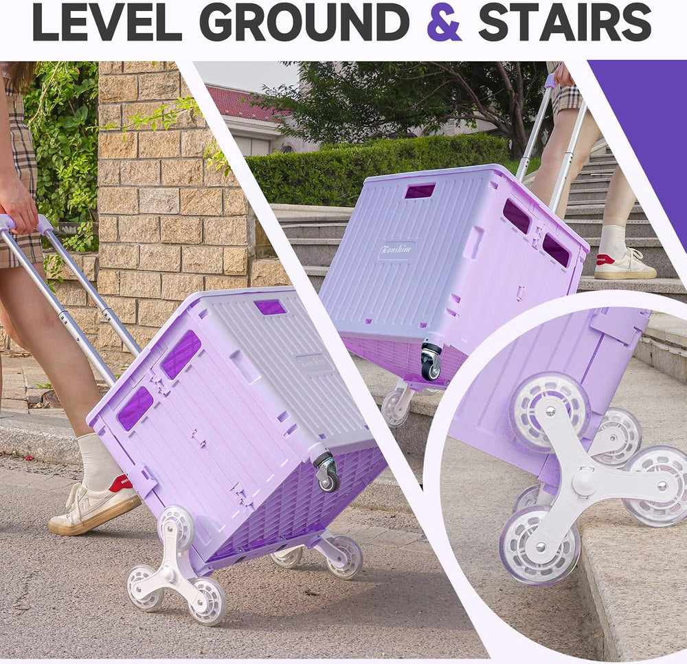 Rolling Crate with Stair Climbing Wheels, Foldable Utility Cart with Detachab...