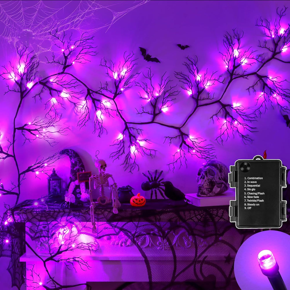 9 Ft 66 LED Willow Vine Twig Decor Black Halloween Garland with Purple Lights...