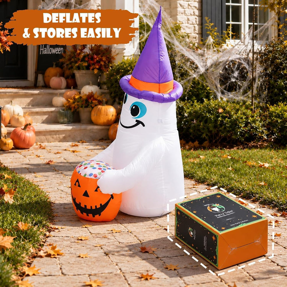 4FT Halloween Inflatable Outdoor Decorations, Blow Up Cute Ghost with Witch H...