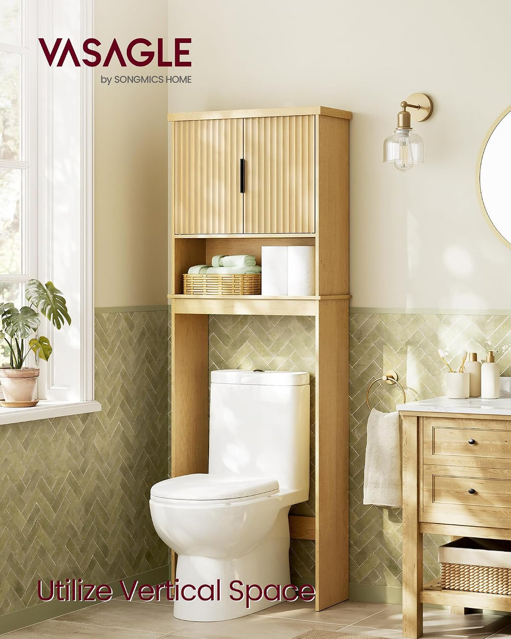 VASAGLE Over The Toilet Storage Cabinet, Doors, Adjustable Shelf, 23.6'