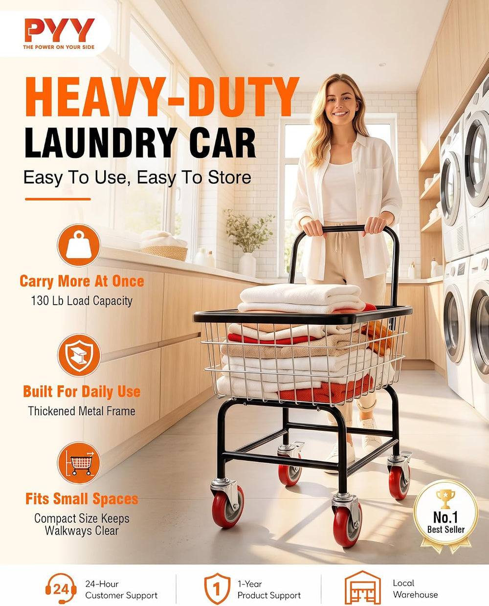 PYY Wire Laundry Cart - 2 Bushels Heavy Duty 7/8" Wire Laundry Basket wi...