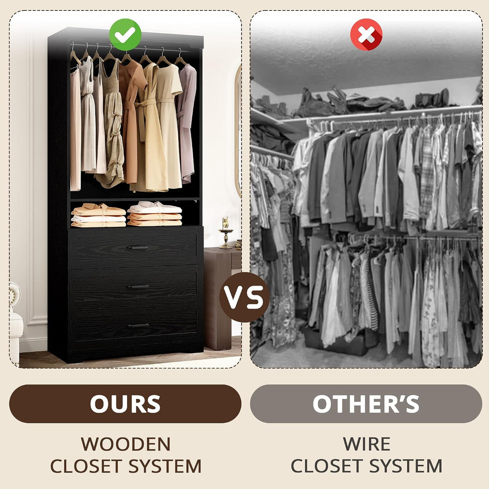 IRONCK Freestanding Closet System with Adjustable Shelves & 3 Drawers