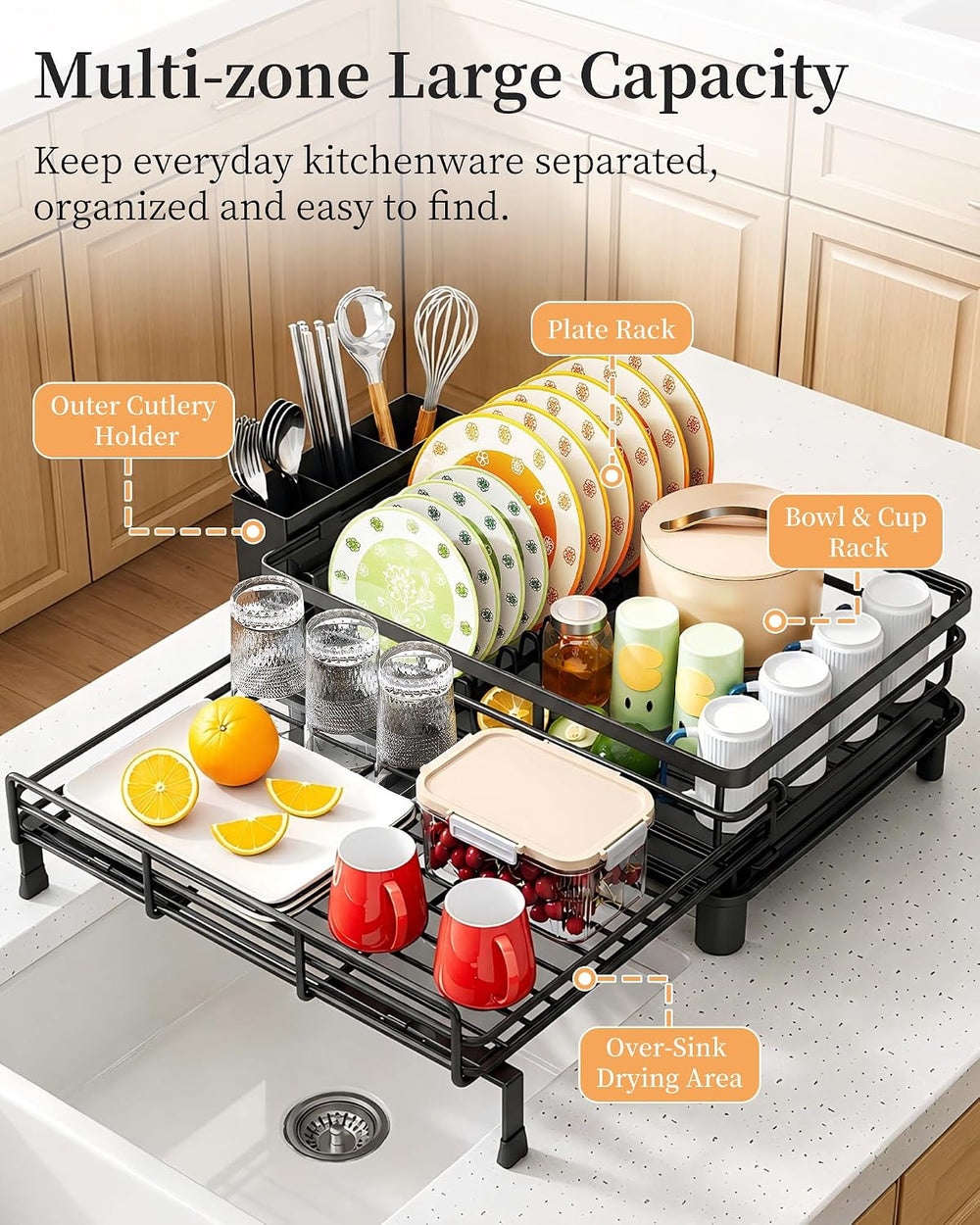 SAYZH Expandable Dish Drying Rack for Kitchen Counter, Metal, Black