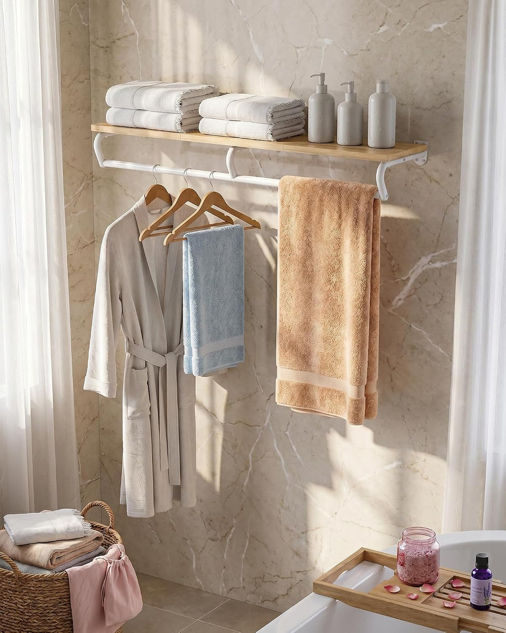 Wall Mounted Clothes Rack, Metal Garment Rack with Top Shelf, Laundry Storage...