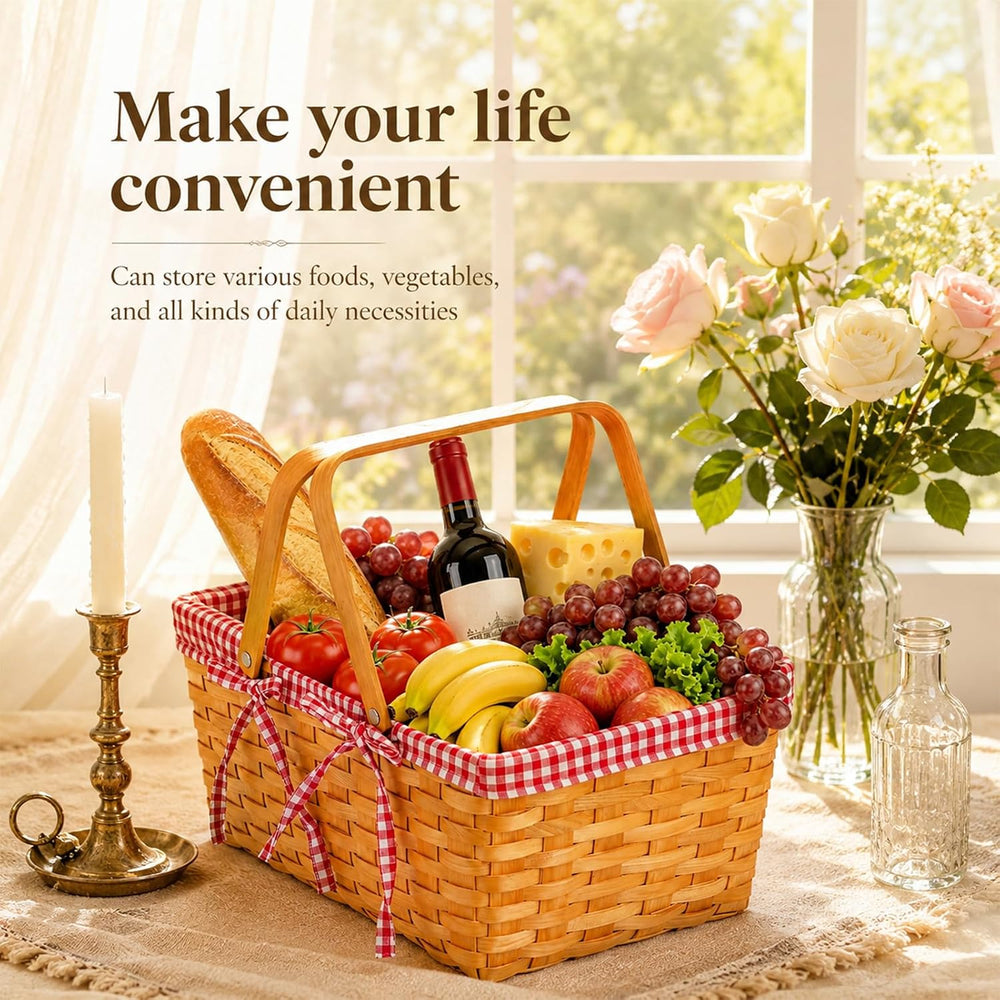 Yesland Picnic Basket, 2 Sizes Natural Woven Woodchip Basket with Double Fold...