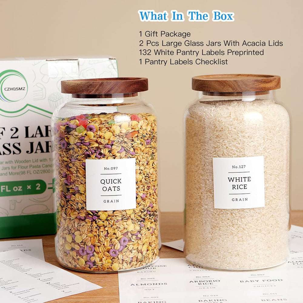 CZHQSMZ Set of 2 Large Glass Jar with Airtight Acacia Lid and 132 Kitchen Pan...