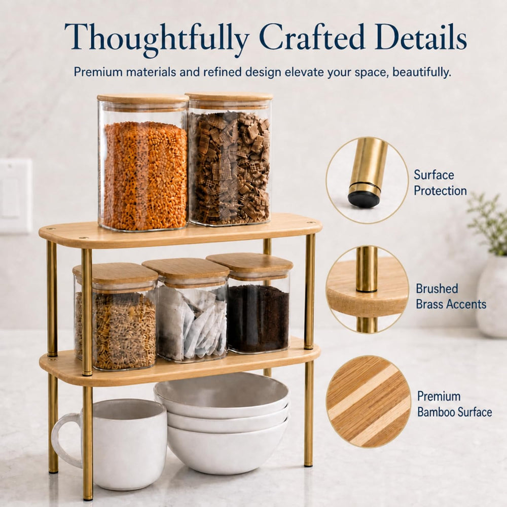 Stackable Shelves Organizer for Kitchen, Set of 2, Bamboo, Natural