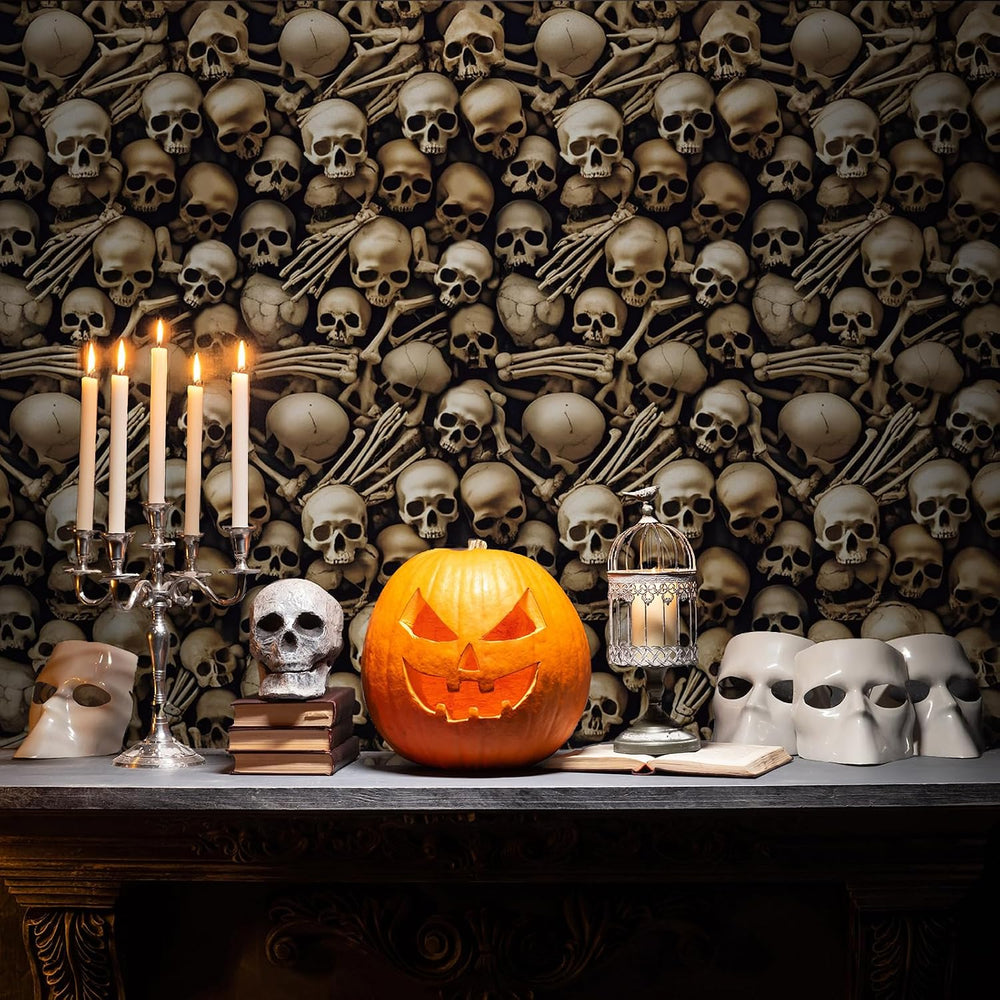 Tegeme 200 ft Halloween Skull Wall Backdrop Roll, Skeleton Tablecloth