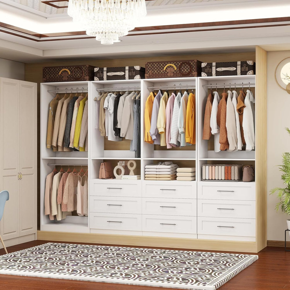 Closet System with 9 Drawers, 8FT-21FT Closet Organizer Systems with 9 Hangin...