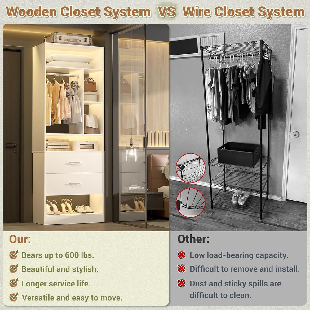Besiost 2FT Small Closet System with 2 Drawers, Wooden Closet Organizer