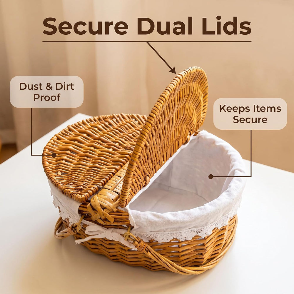 Picnic Wicker Basket with & Handles for Outdoor Camping, White