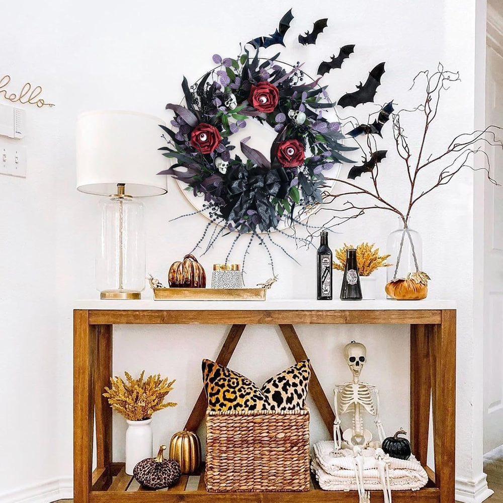 22 Inch Halloween Wreath with Black Roses Skeleton and Eye Balls for Front Do...
