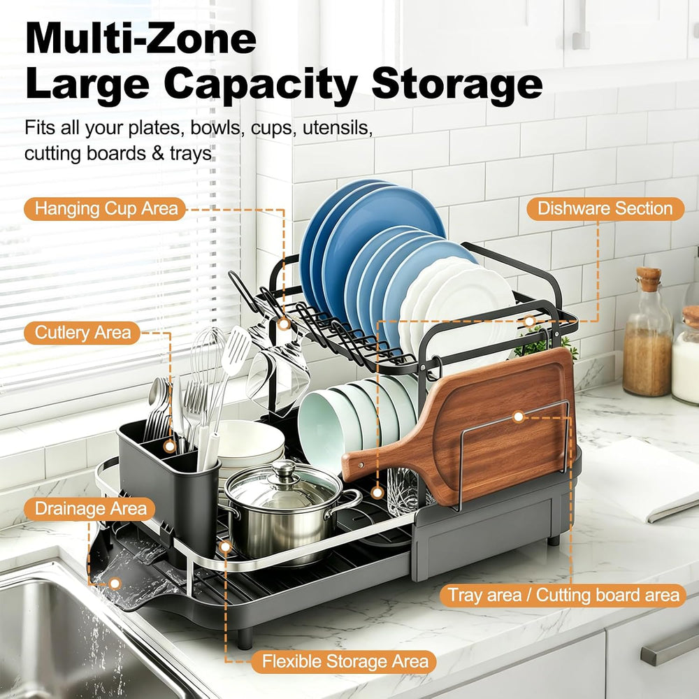 Expandable Stainless Steel 2-Tier Large Capacity Dish Drying Rack, Auto Drain...