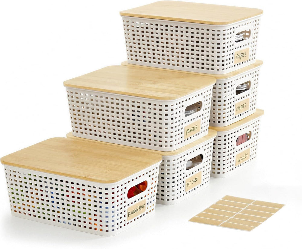 Bagnizer Small Plastic Storage Bins with Bamboo Lids 5.2qt Stackable Box Bask...