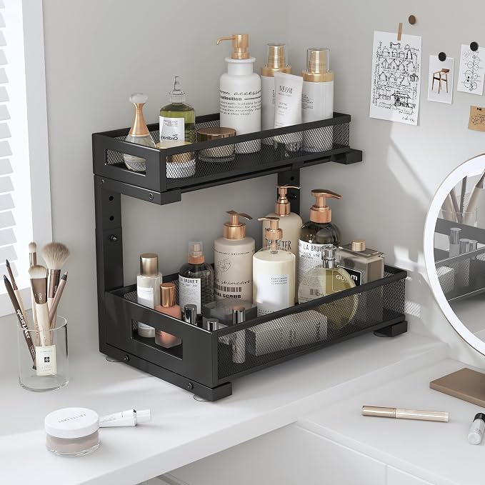 2-Pack Under Sink Storage Organizer, Large 2-Tier Elegant Mesh Pull Out Shelf