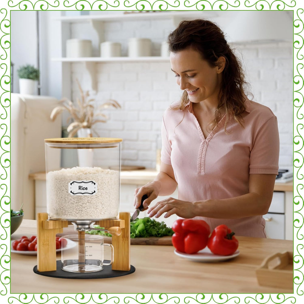 Glass Rice Dispenser 10 lbs, with Airtight Lid & Labels & Slider mat....