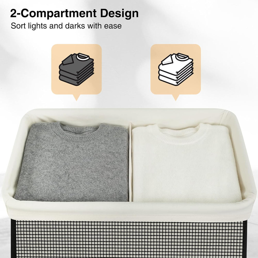 2 Section Laundry Hamper with Lid, 140L Steel-Frame Double Laundry Hamper wit...
