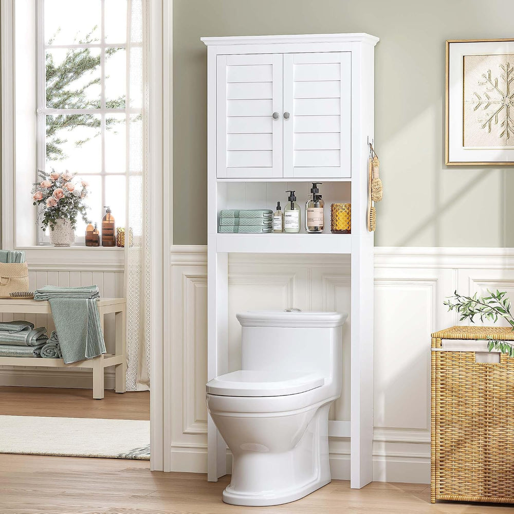 Spirich Over The Toilet Storage Cabinet with Louvered Doors & Hooks, White