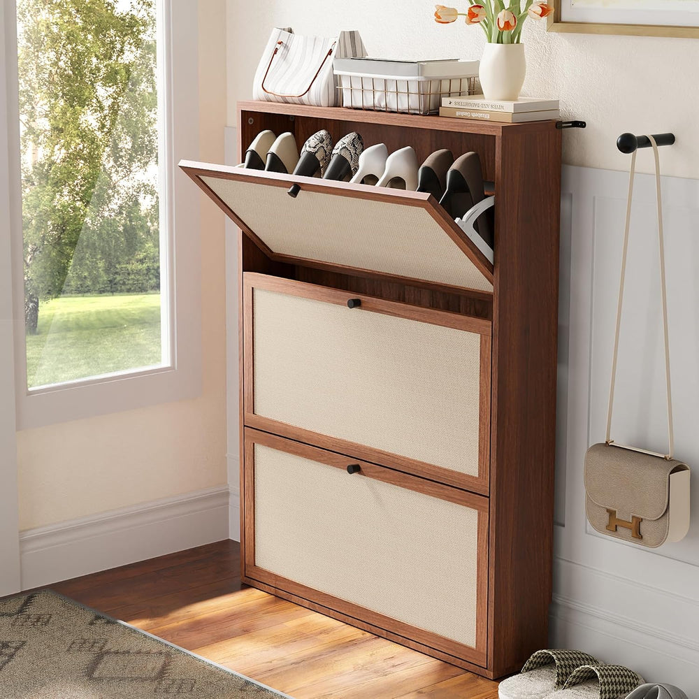 AVZEAR Narrow Shoe Storage Cabinet for Entryway with Natural Linen Panel, Fre...