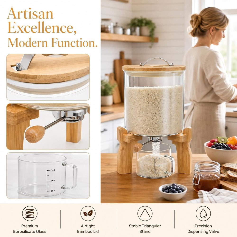 Goaste Glass Rice Dispenser with Bamboo Stand, 5L Flour Cereal Container with...