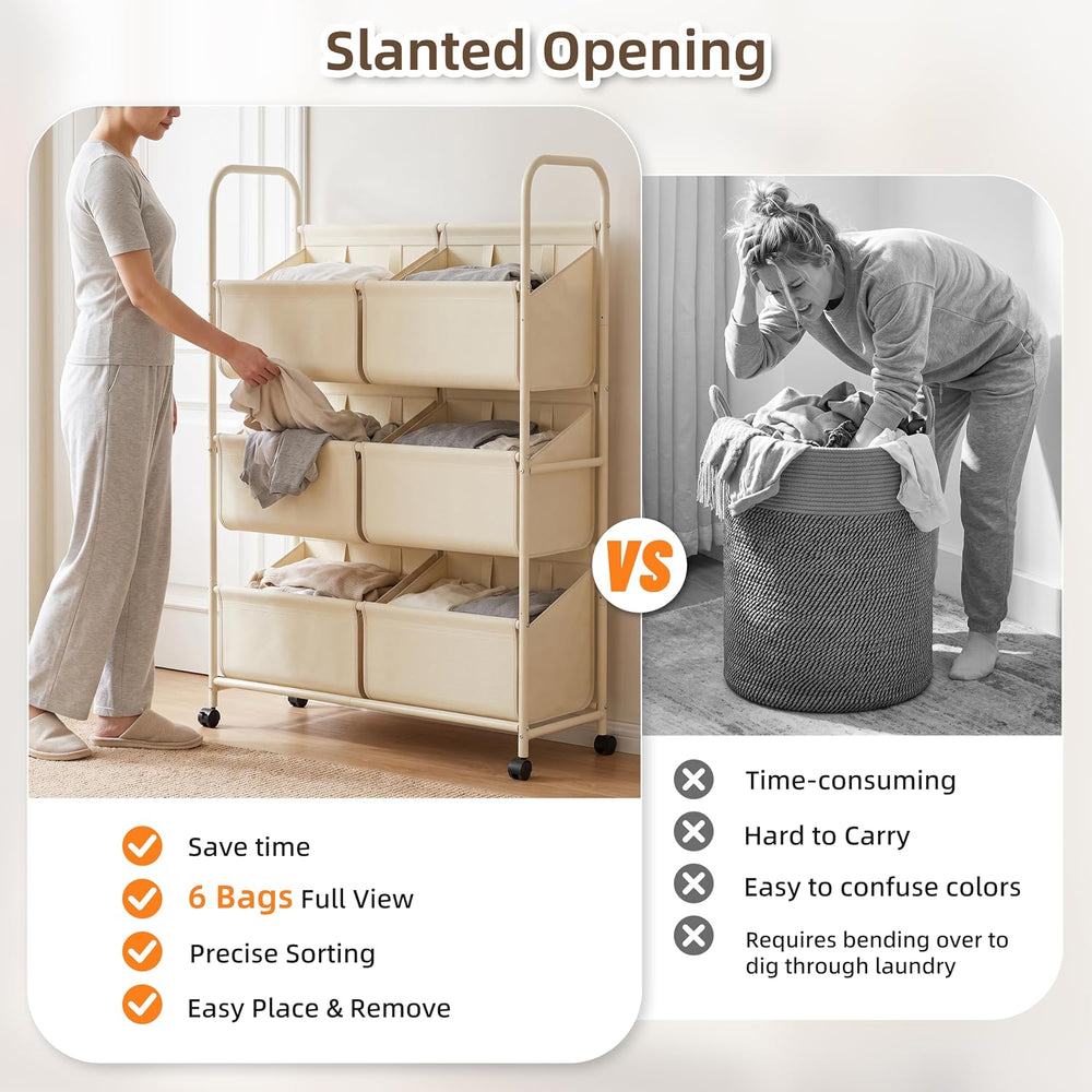 3-Tier Double Column Vertical Rolling Laundry Hamper,6 Removable Bags