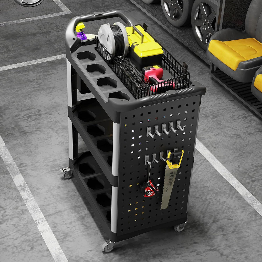 HOMCOM 3 Tier Utility Cart on Wheels with Pegboards, Black and Light Gray