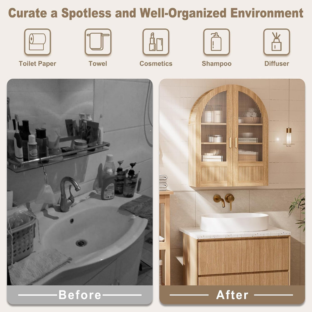 4-Tier Arched Bathroom Wall Cabinet with Adjustable Wood Shelves, Over the To...
