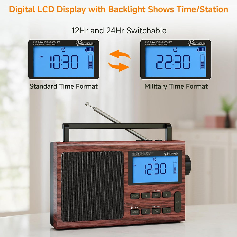 Portable Bluetooth AM FM Shortwave Radio AC & Battery Powered