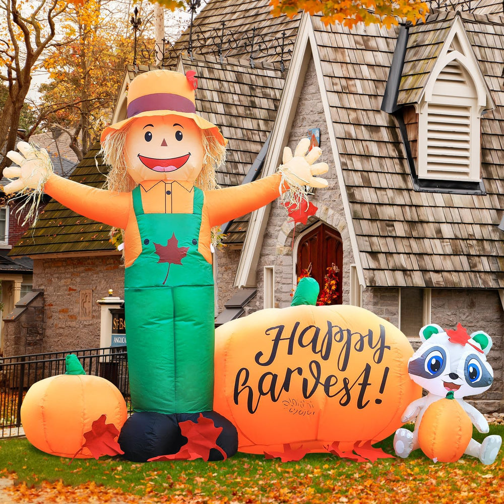 DomKom 6ft Tall LED Lighted Inflatable Scarecrow and Pumpkin โ Halloween Than...