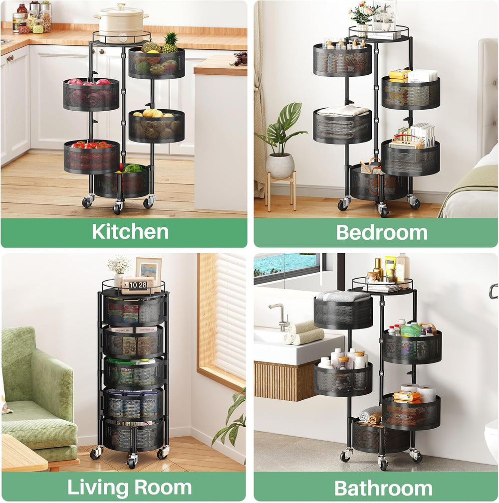 SAYZH 5 Tier Fruit Vegetable Basket Stand for Kitchen, Rotating, Black