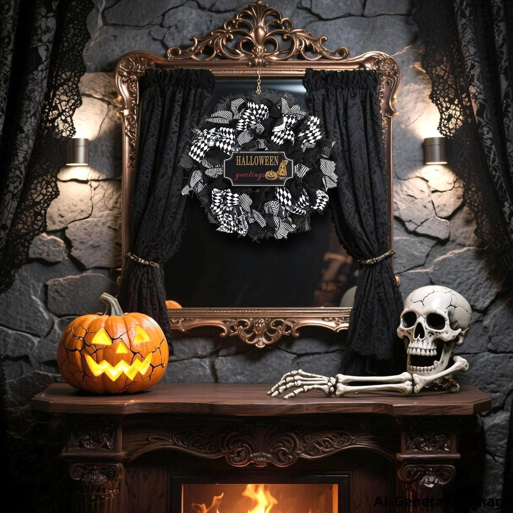 Halloween Wreath, 26 Inch, Black & White Checkered Bow