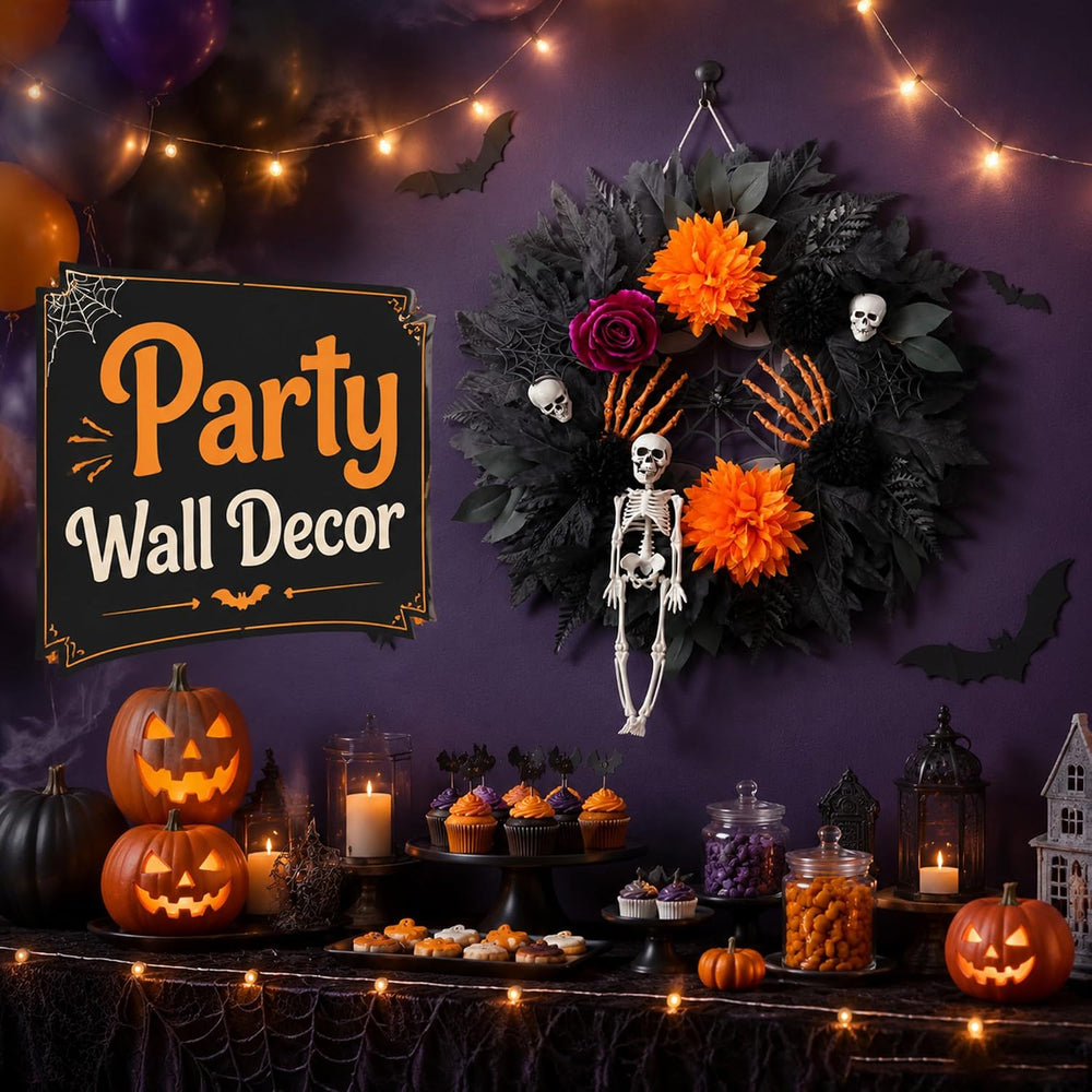 24in Halloween Wreath for Front Door, Black Pumpkin Skull Gothic Door Decor