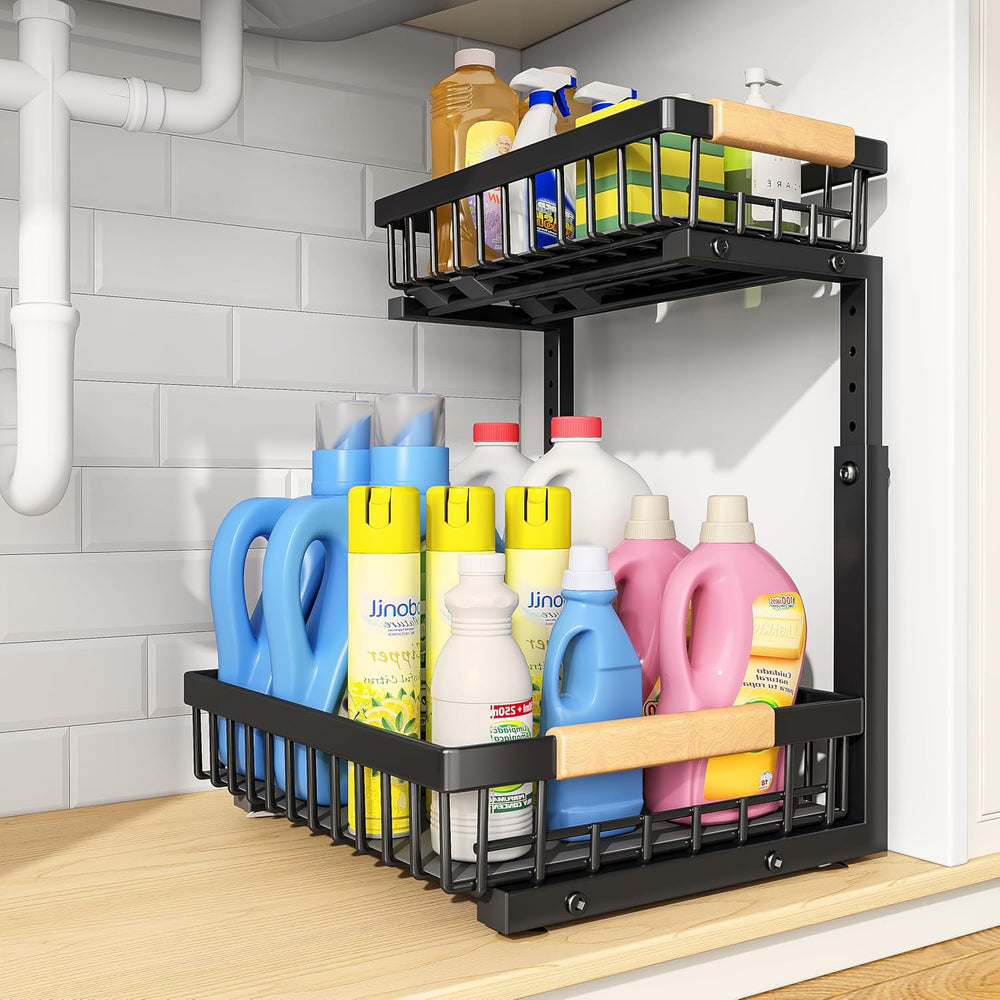 PXRACK Under Sink Organizer, Adjustable Height, 2 Tier Pull Out Under Cabinet...