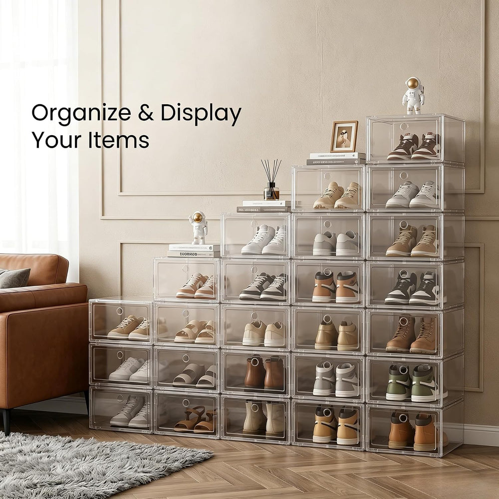 Clear Shoe Storage Boxes 9 Pack, Stackable Bins with Magnetic Doors