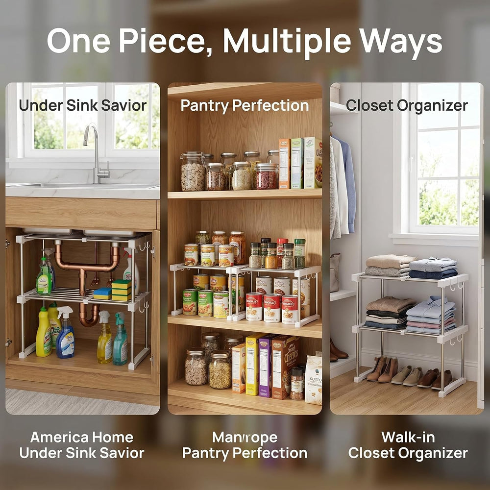 BLULEE Expandable Under Sink Organizer, No-Drill Adjustable Shelf