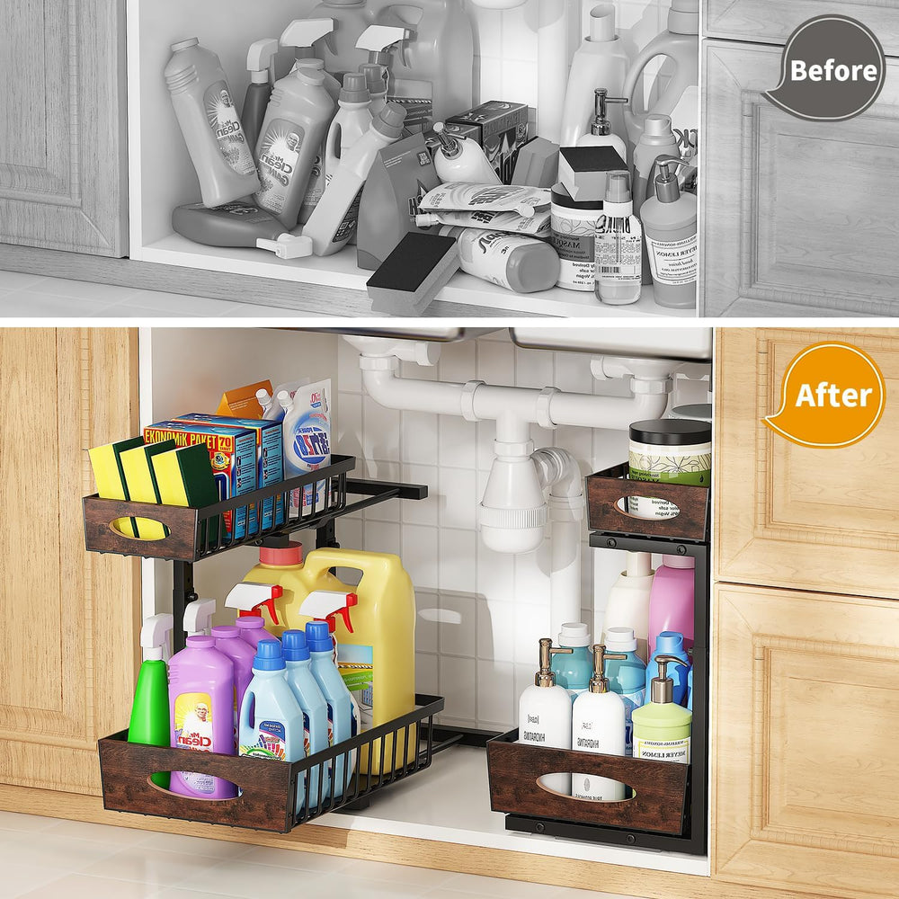 2-Tier Under Sink Organizer with Wooden Drawer Handle, 2 Pack Adjustable Heig...