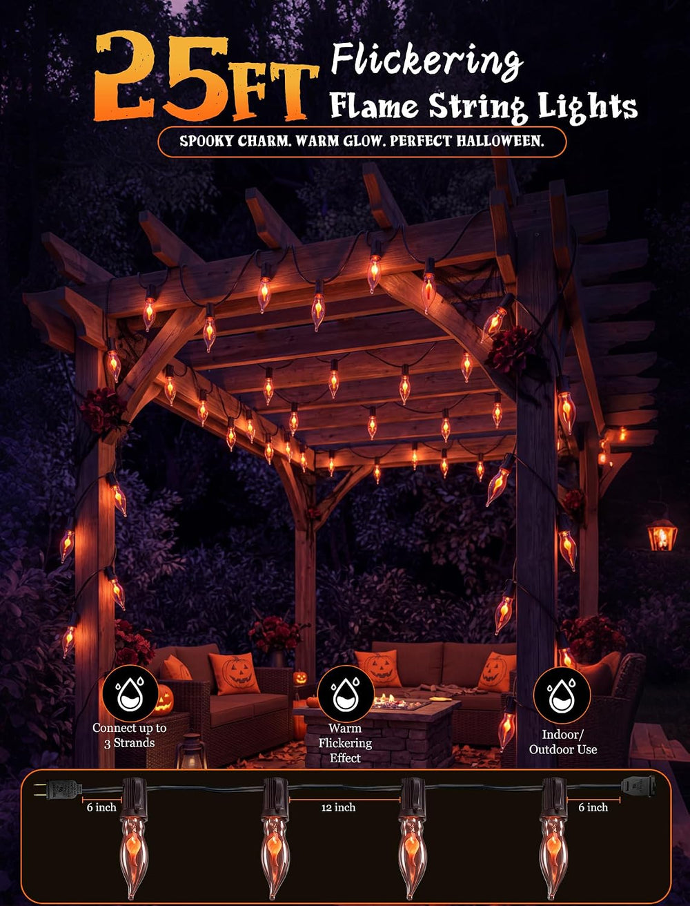 25Ft C18 Flickering Flame String Lights, Outdoor Halloween Decorations