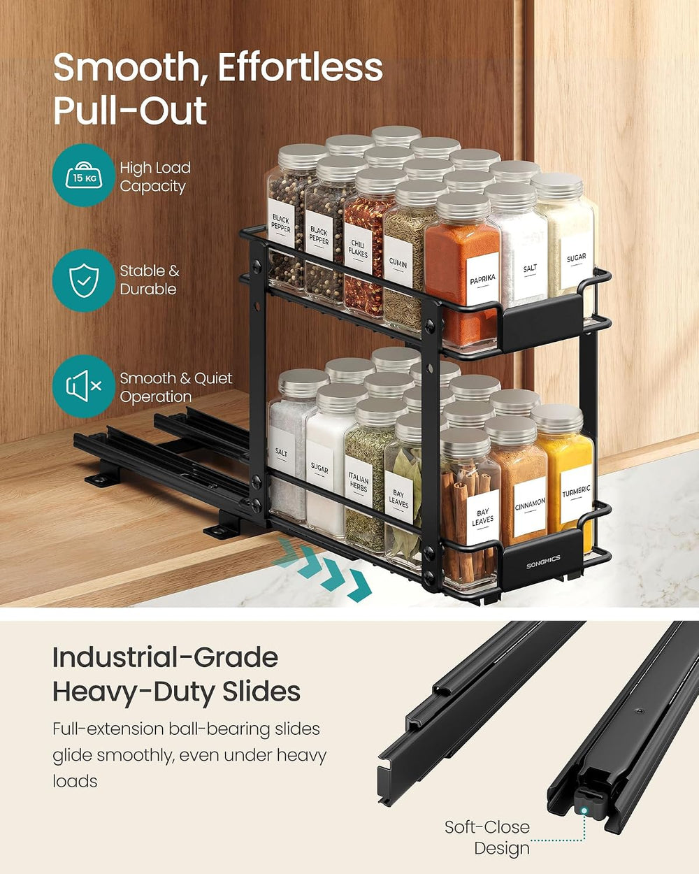 SONGMICS Spice Rack Organizer for Cabinet, Pull Out 2 Tier Thick Steel