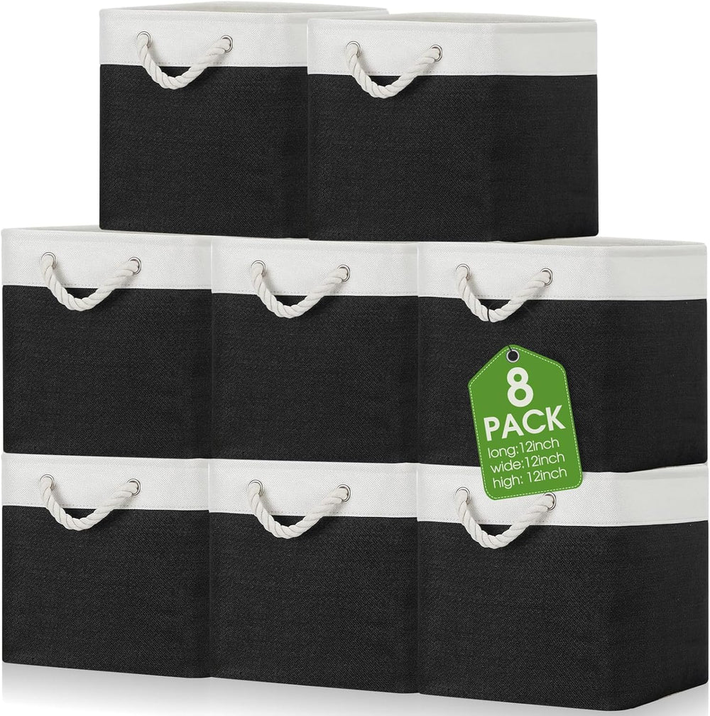 meekoo 8 Pack Fabric Storage Bins Baskets, 12 x 12 x 12 in, Black White