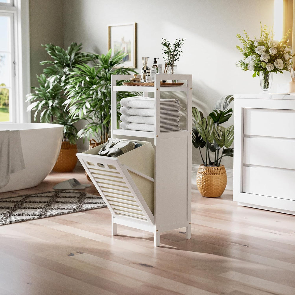 HITNET Bamboo Tilt Out Hamper, 10 Gal Bathroom Laundry Cabinet with Hidden Fo...